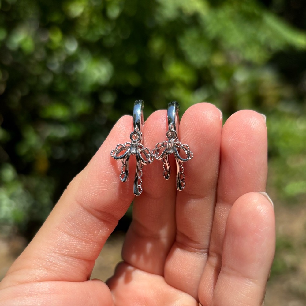18K White Gold Plated Stainless Steel Diamond Bow Hoop Earrings